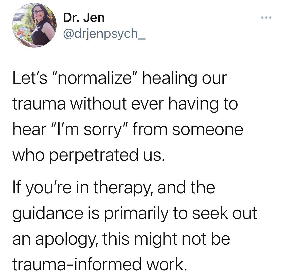 Follow @drjenpsych_ for more 𝘽𝙧𝙖𝙄𝙣𝙨𝙥𝙞𝙧𝙚𝙙 posts 💕🧠⁣
Sometimes the healing IS in the setting of strict boundaries. While an apology might feel good, we can&rsquo;t romanticize needing one in order to heal. It&rsquo;s just not true. 
Many